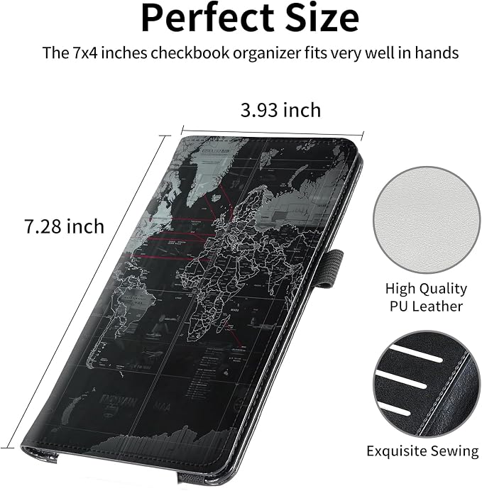FUYOCWE Leather Checkbook Covers for Men Women Check book Holder Cover Wallets for Personal Checkbook Duplicate Checks with RFID Blocking & Elastic Strap-Black Gray World Map with red line
