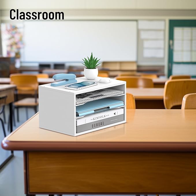Wood Desk Organizer, 3 Tier Paper Tray Organizer for Desk with Adjustable Storage Shelves, Desktop File Organization Paper Sorter Mail Holder for Office Home Classroom, White