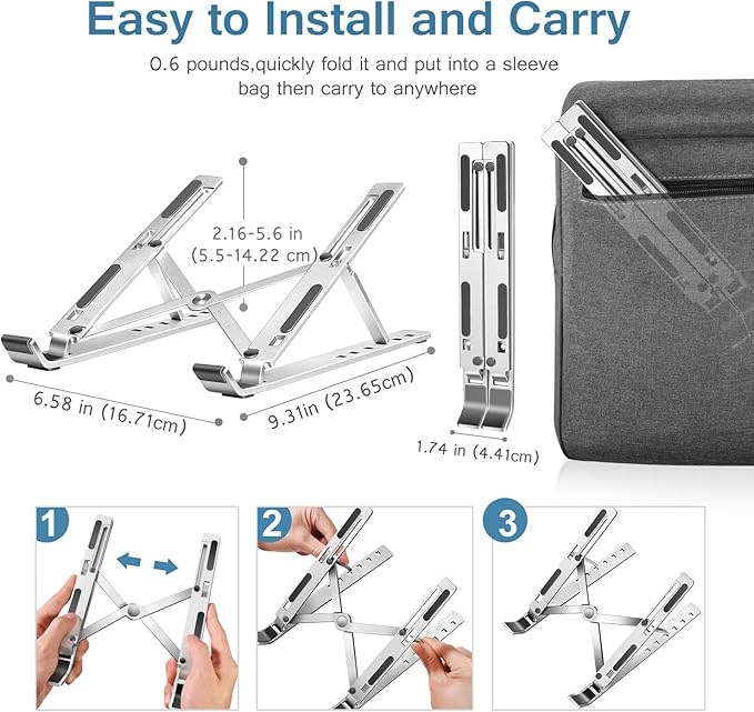 ivoler Laptop Stand, Laptop Holder Riser Computer Tablet Stand, 6 Angles Adjustable Aluminum Ergonomic Foldable Portable Desktop Holder Compatible with 10-15.6” MacBook,iPad, HP, Dell, Lenovo Silver