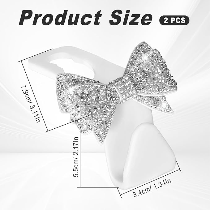 2PCS S-Type Bling Car Seat Headrest Hooks, Crystal Rhinestone Bow Seat Hooks for Purses and Bags, Rhinestone Car Accessories for SUV, Truck, Sedan (Silver)