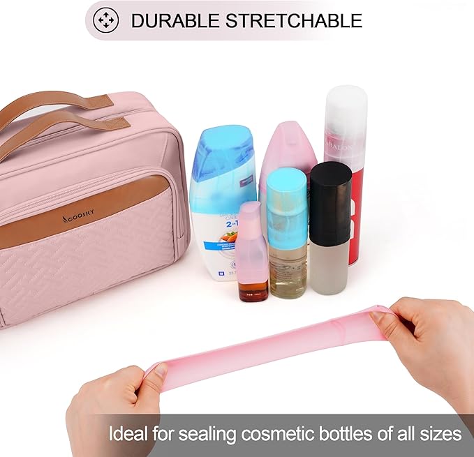COOSKY Travel Hanging Toiletry Bag for Women, Large Makeup Bag 8 Leak Proofing Silicone Bottle Covers, Waterproof Cosmetic Bag with Jewelry Organizer Compartment, Toiletries Kit Set, Pink