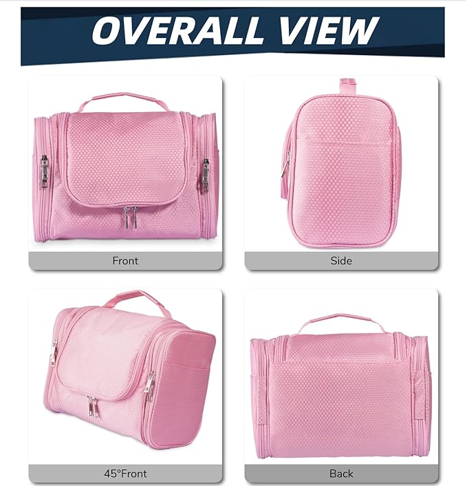 Buruis Hanging Toiletry Bag for Women and Men, Large Water-Resistant Makeup Organizer with Sturdy Hook, Lightweight Nylon Dopp Kit for Full-Sized Toiletries & Cosmetics, Pink