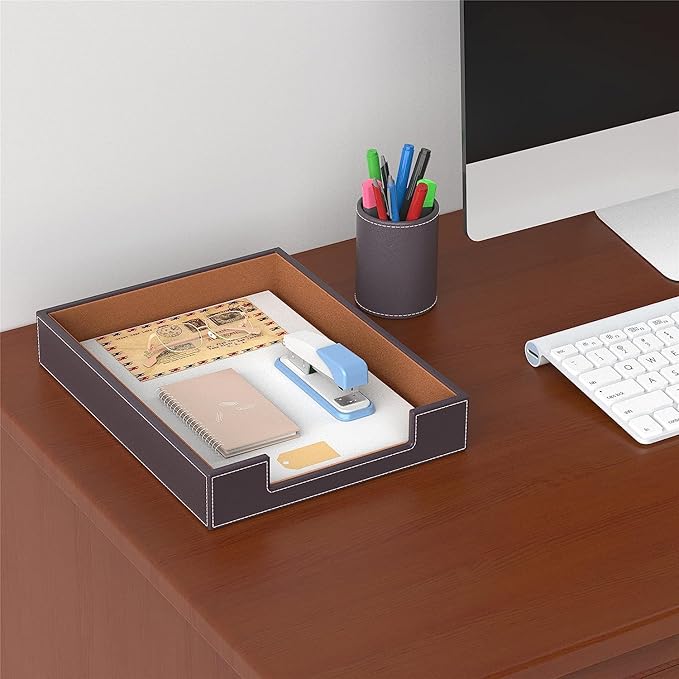 Leather Letter Tray, VOYUTHY Elegant Desk Organizer for Office Supplies, Mail, Paper, File, Magazine, Perfect Office Organization for Desktop (Brown)