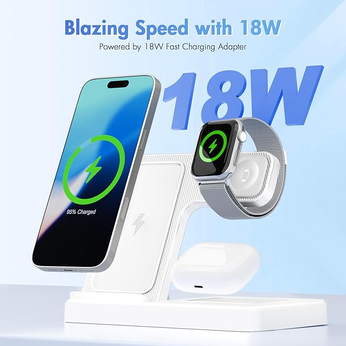 Wireless Charging Station for Apple Devices: 3 in 1 Foldable Qi Compact Case-Friendly Charger Stand for iPhone 17-12 & Apple Watch & AirPods Charging Dock for Travel Home Office Desk Nightstand(White)