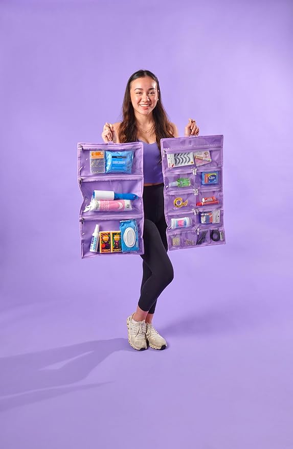 On-The-Go Organizer, 14 Clear Vinyl Pockets, Hanging Travel Case for Makeup and Accessories, 13.5 x 24 inches (Lilac, Large)