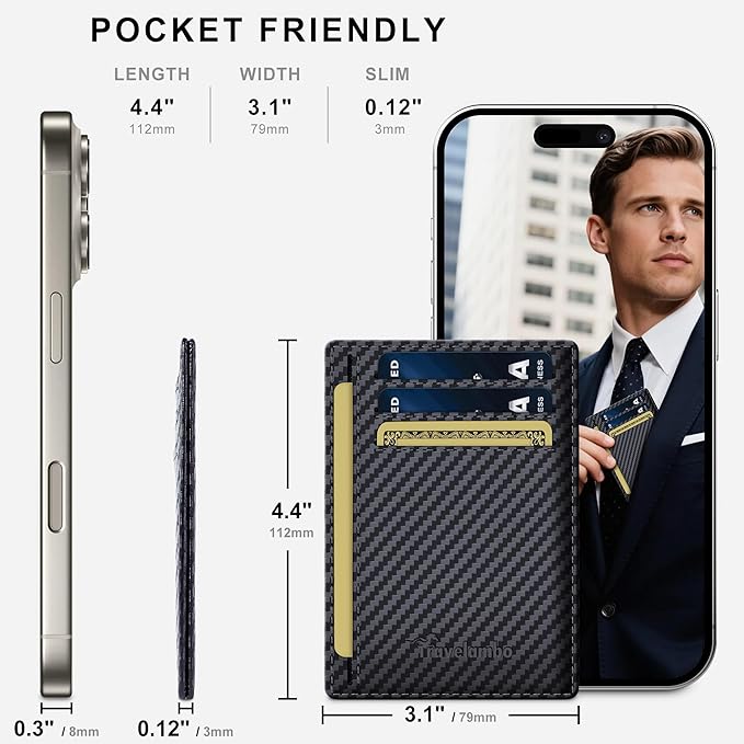 Travelambo 100% Genuine Leather Wallet for Men and Women, Slim Minimalist RFID Blocking Front Pocket Credit Card Holder with Gift Box(Carbon Fiber Black)