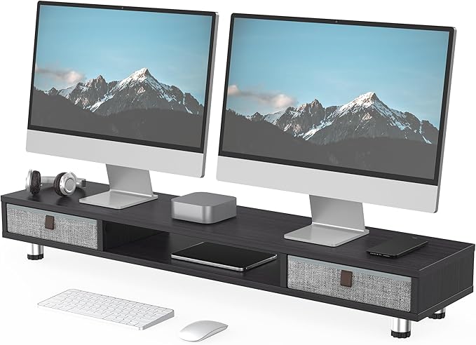 Fenge Monitor Stand, Dual Monitor Stand with 2 Drawers, Monitor Riser for 2 Monitors, Adjustable Height Computer Stand, Office Monitor Stands for Desk, Laptop, PC, TV, Printer