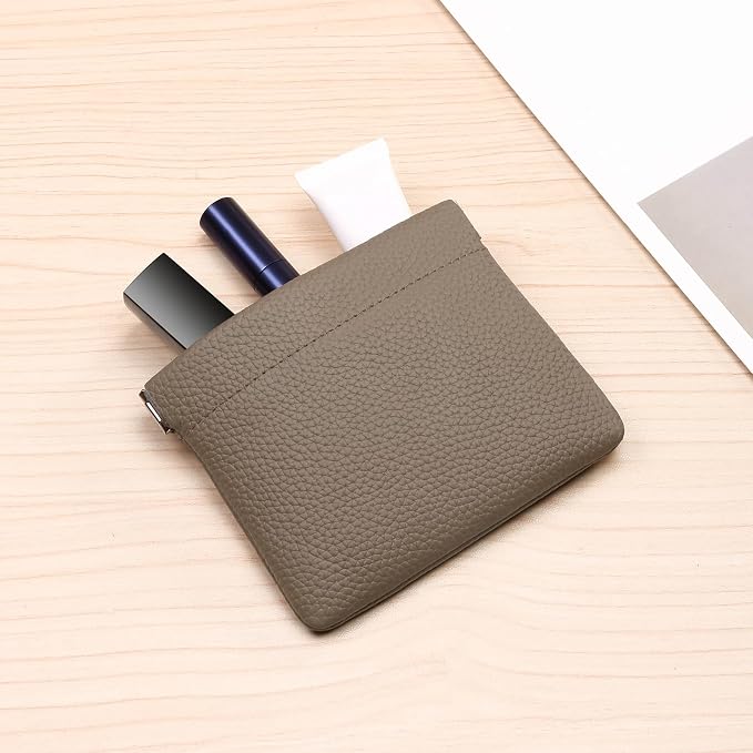Genuine Leather Squeeze Coin Purse Pouch Change Holder For Men & Women Mini Change Purse Pouch for Pocket, Small Pouch Credit Card Key Headset Lipstick Holder (Grey)