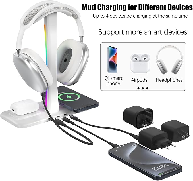 Headphone Stand with Wireless Charger,Gaming Headset Stand with RGB Light Mode,for iPhone17/16/15/14,Gifts for Gamers & Music Lover (White)