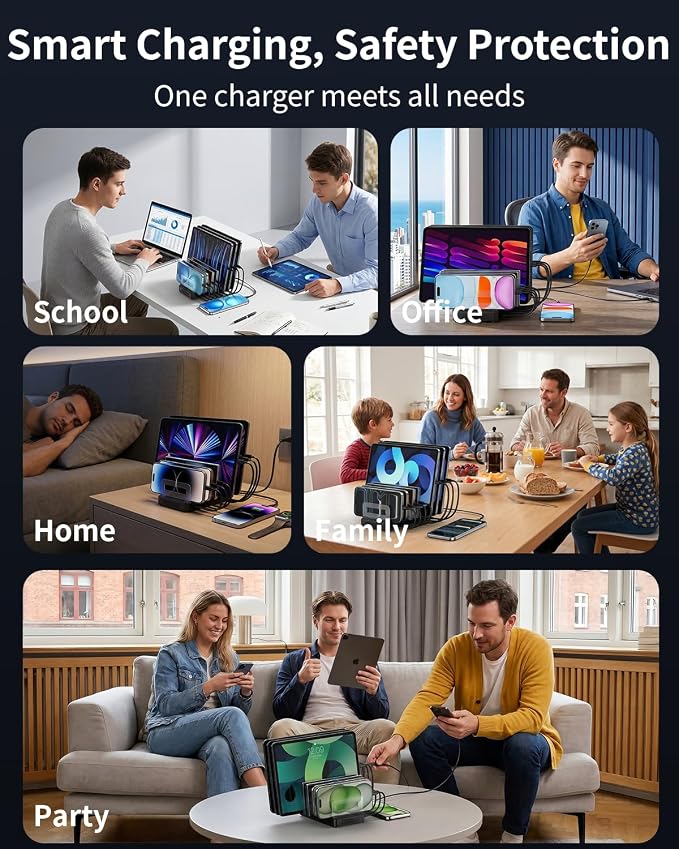 288W Charging Station for Multiple Devices, 8-Port Multi USB C Fast Charger Station Dock with Adjustable Dividers & 7 Cables,Multi-Purpose Desktop and Wall Fast Charger for iPhone, iPad,Tablets & More