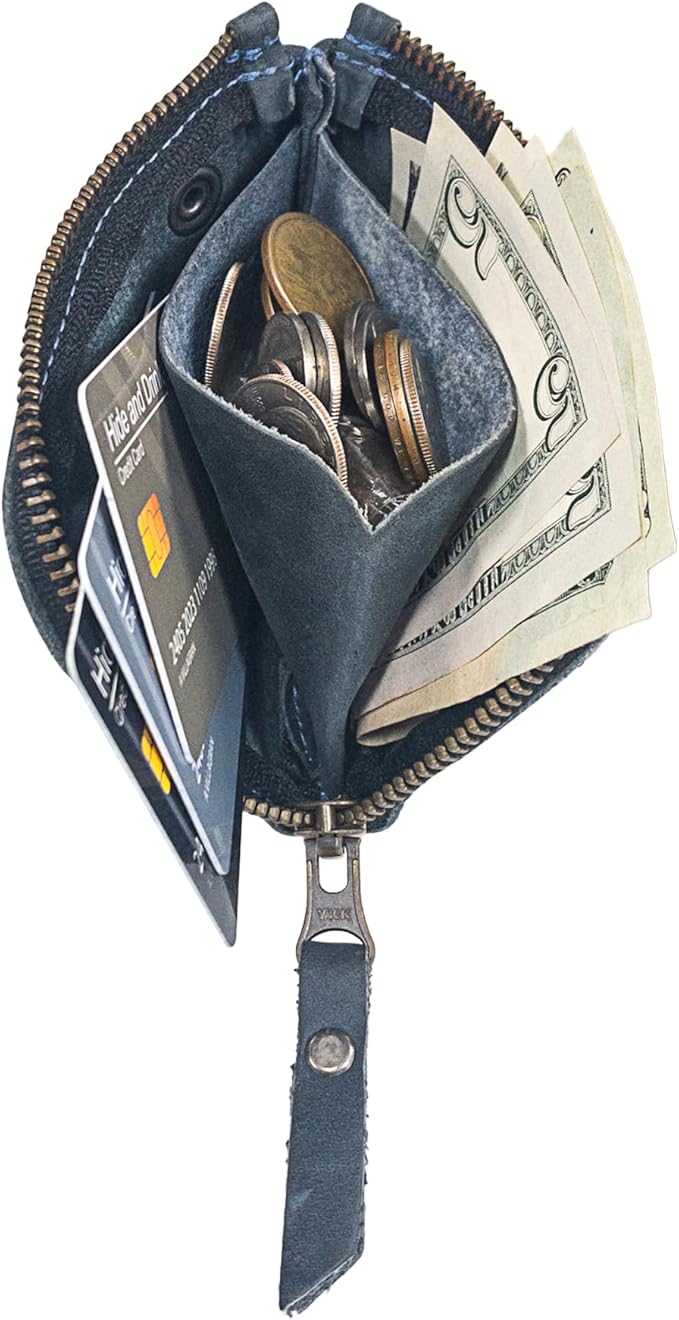 Hide & Drink, Zippered Wallet, Holds Up to 6 Cards Plus Folded Bills, Pouch Organizer, Cash Holder, Travel Essentials, Mini, Pocket-Size, Full Grain Leather, Handmade, Slate Blue