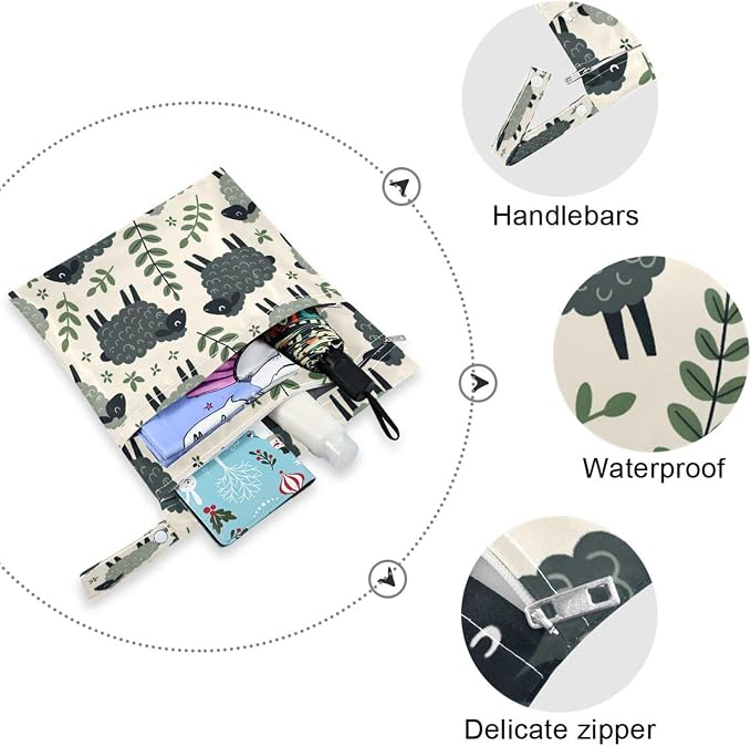 Kigai Darkgray Sheeps Wet Dry Bags, Reusable Waterproof Wet Bags, 2Pcs Travel Beach Pool Bag with Zippered Pockets for Swimsuit, Cloth Diaper, Toiletries & Makeup
