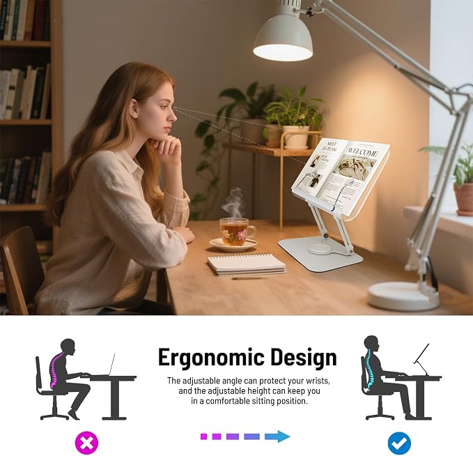 Acrylic Book Stand for Reading Hands Free - Adjustable 360° Rotating Cookbook Holder with Elastic Page Clips & Foldable Base, Multi-Angle Desktop Display Stand for Recipes, Textbooks, Tablets, Bibles