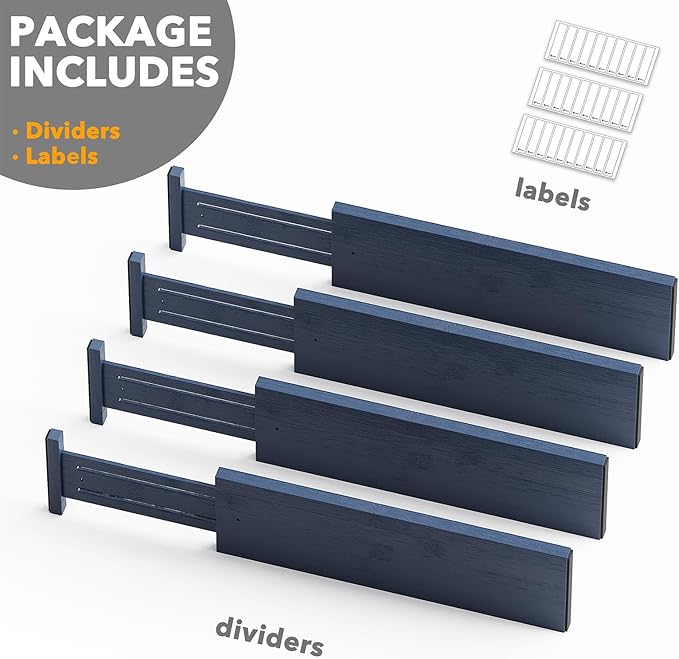 SpaceAid Bamboo 4 Pack Dresser Drawer Dividers, 4.65??High Adjustable 17??22??Drawer Organizers, Expandable Organization for Clothing, Clothes, Dressers, Navy Blue