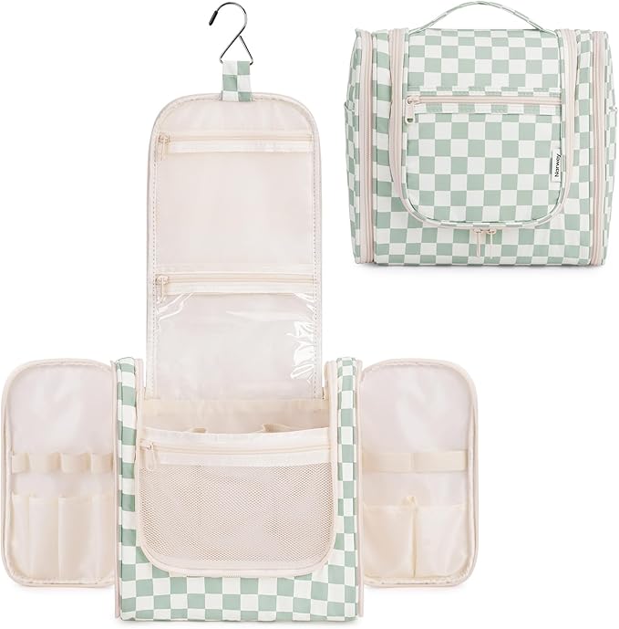 Narwey Travel Toiletry Bag for Women, Checkered Large Hanging Makeup Bag Organizer Cosmetic Make up Bags for Women, Travel Bag for Toiletries (Mint Green Checkerboard)