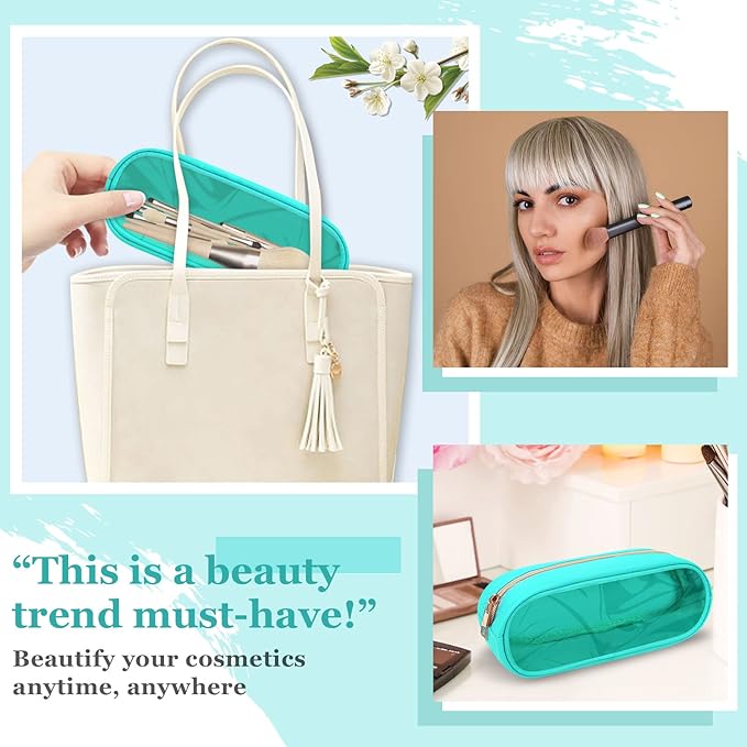 Nylon Small Clear Makeup Bag Slim Pencil Pouch, Cute Makeup Bag Preppy Cosmetic Zipper Pouch Pencil Case for Purse, Travel PVC Toiletry Bag Clutch Coin Pouch Makeup Brush Bag for Women Girl(Mint)