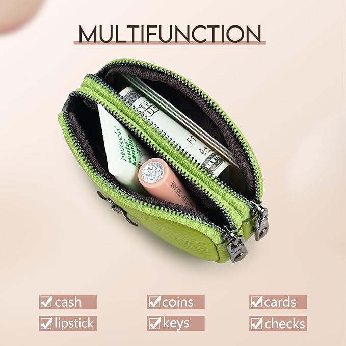 imeetu Women Leather Coin Purse, Small 2 Zippered Change Pouch Wallet