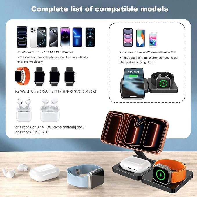 3 in 1 Wireless Charger Charging Stand Station Foldable for Mag-Safe Charging, 15W Fast Charge iPhone 17 Pro Max/17 Air/16/15/14 Plus/13/12 Mini,Air Pods,Apple Watch Series