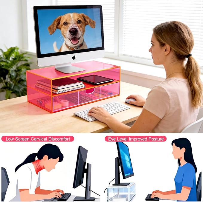 Gelite Acrylic Computer Monitor Stand for Desk Monitor Riser with Drawer Desktop Monitor Shelf with Storage, Neon Pink
