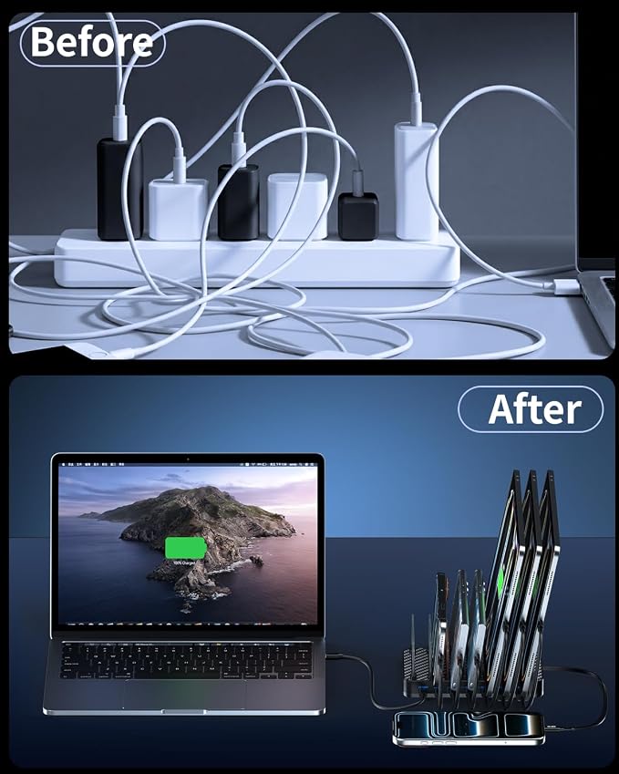 288W Charging Station for Multiple Devices, 8-Port Multi USB C Fast Charger Station Dock with Adjustable Dividers & 7 Cables,Multi-Purpose Desktop and Wall Fast Charger for iPhone, iPad,Tablets & More