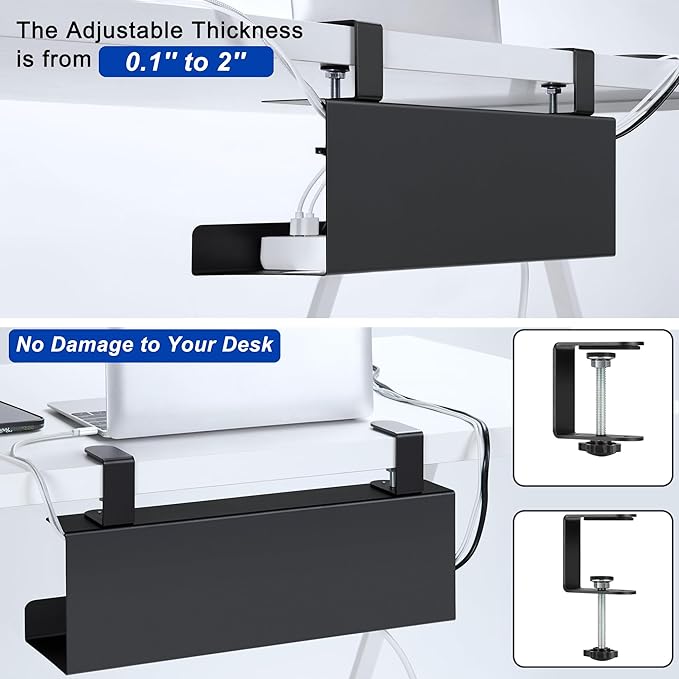 ZhiYo Steel 15.8in Cable Management Under Desk Tray, XL Clamp-On Under Table Cable Tray, No Drill Cord Hider Organizer for Desk, Wire Management Raceway, Black, W4.9in x H5.9in