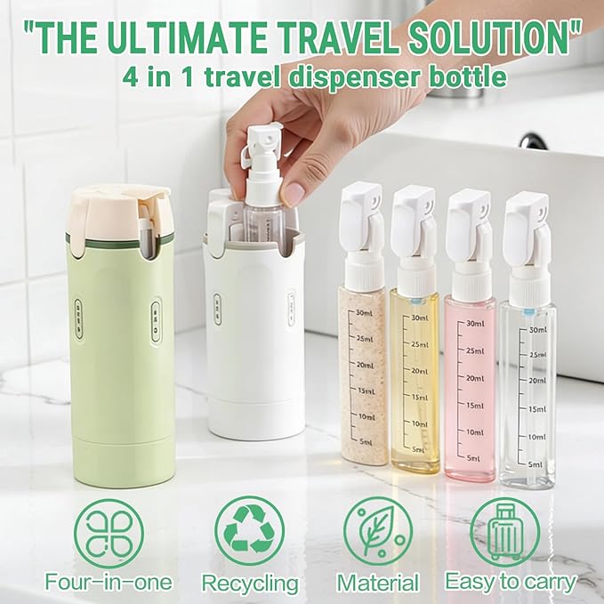 4 in 1 Travel Dispenser Bottle Set, Leakproof TSA Travel Size Containers for Toiletries, Portable Refillable Bottles, Hard Shell Rotating Design with Scale and Labels