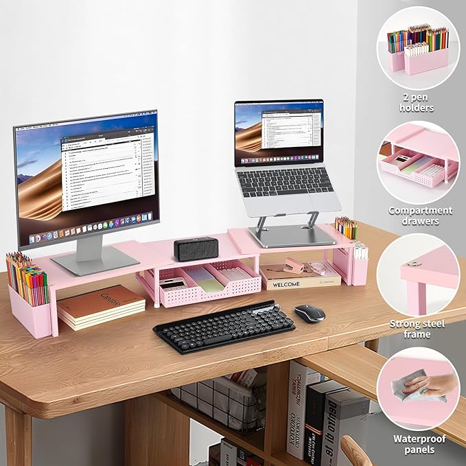 OPNICE Desk Organizers and Accessories, Dual Monitor Stand Riser with Drawer and 2 Pen Holders, Desk Shelf Wood Computer Racks for Office Workspace Organizers, Desktop Organization (Pink Wood)