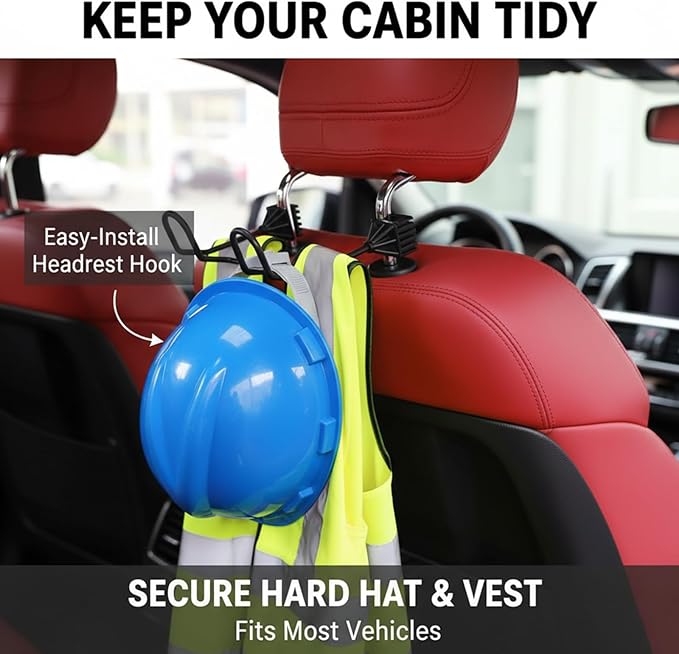 2 Pack Heavy Duty Dual Hook Helmet Rack for Truck, Adjustable Headrest Hanger, Hard Hat Holder Vehicle Accessory (Left)