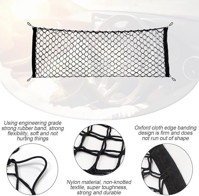 Hanemia Car Rear Cargo Net, Adjustable Elastic Storage Organizer Net, Trunk Cargo Storage Net, Universal Fit for Car, Vehicle, SUV (35.4" x 11.8")