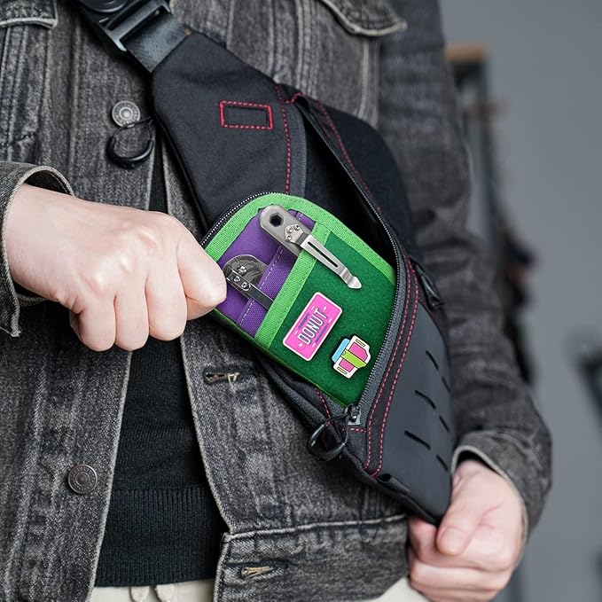 VIPERADE VE10 EDC Pouch Small Pocket Tool Pouch with 10 Compartments, Men's Pocket Organizer for Multitools, EDC Organizer with Patches Area for DIY (Green+Purple)