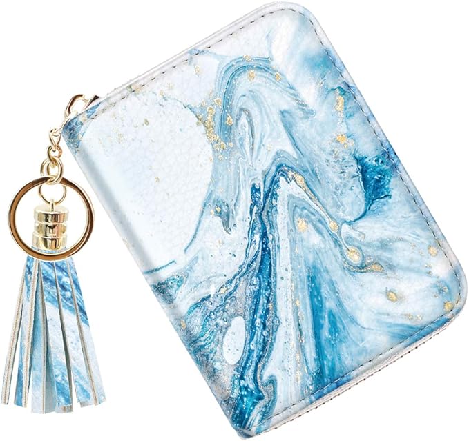Coco Rossi Leather Credit Card Wallet for Women, RFID Blocking Zipper Cards Holder with Tassel, Blue Marble