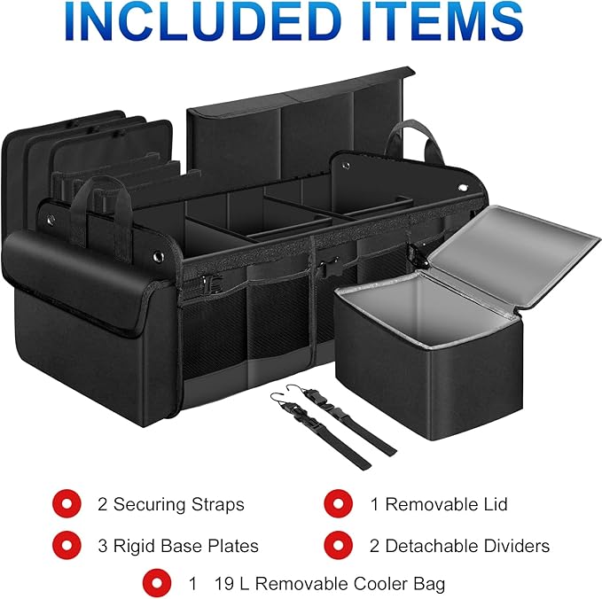HAOKAY Collapsible Trunk Organizer with Insulated Leakproof Cooler Bag,Removable Lid,Adjustable Securing Straps,3 Compartments 5 in 1 Trunk Organizer for SUV,Truck,Sedan Jeep （95L