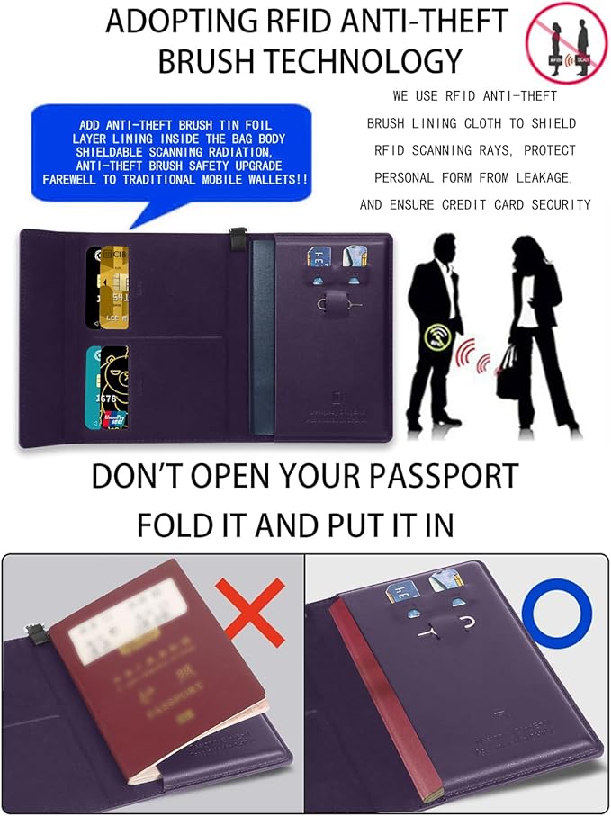 Passport Holder for Travel Essentials, RFID Blocking PU Leather Passport Wallet Cover Card holder Case Passport Book Holders for Women and Men, Dark Purple