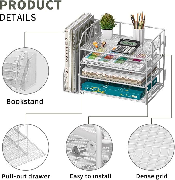 4-Tier Paper File Organizer with Bookend, Metal Desk Organizer, Tiered Paper Tray for Letter/A4 Files, Desktop Office Supplies Storage Rack for Home Office, Classroom, School & Work, White