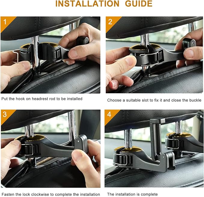 Car Headrest Hidden Hook with Phone Holder, Universal 360 Rotation, Gold, 2 Pack