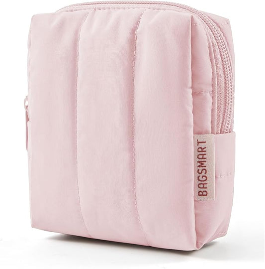 BAGSMART Small Travel Makeup Bag for Purse Toiletry Pouch, Puffy Padded Mini Cosmetics Bag, Cute Make Up Pouch for Women with Slip-in Pocket, Travel Essentials for Toiletries, Baby Pink