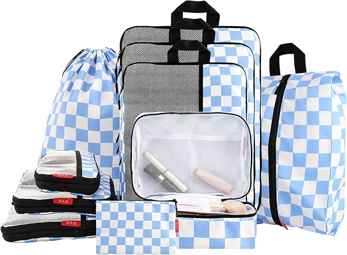 U+U 10 Set Compression Packing Cubes - Ultralight Travel Organizers with Laundry Bag and Cosmetic Bag, Space-Saving Suitcase Organizer for Travel, Business Trip and Family Vacation (Blue Checkered)