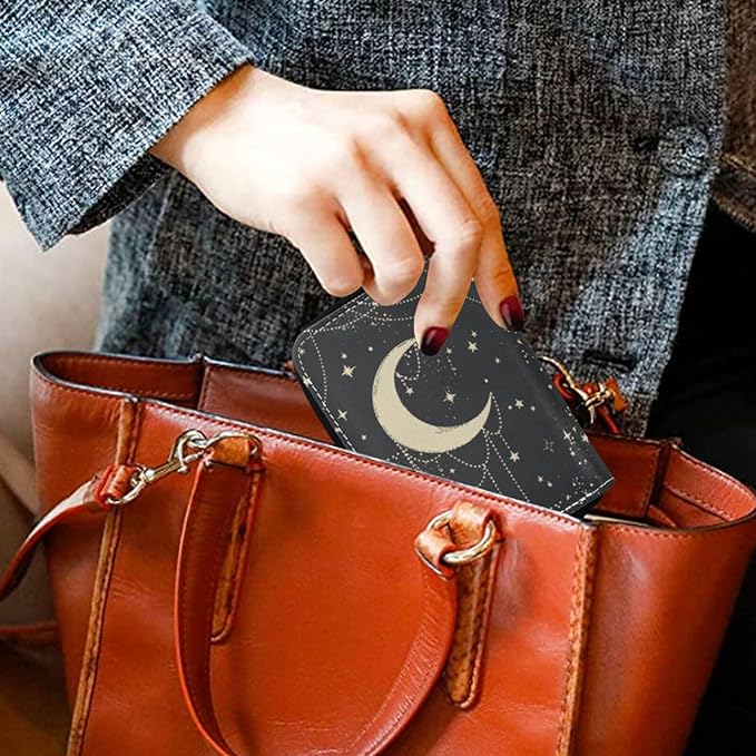 Boho Moon RFID Credit Card Holder Wallets Accordion for Women Leather Zipper Card Case Accordion Wallet for Ladies Girls