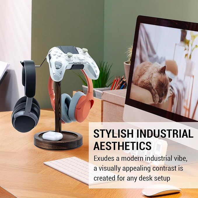 MyGift Industrial Matte Black Metal Headphone Stand with Burnt Wood Tray – Desktop Headset and Gaming Controller Holder for Office, Studio, or Console Setup