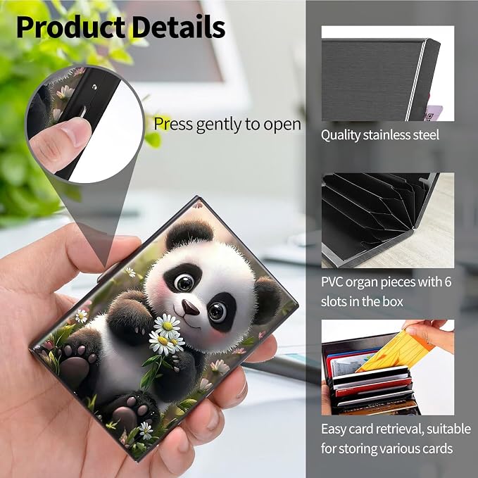 Metal Wallet for Women Men Girls, RFID Blocking Slim Aluminum Credit Card Holder, Mini Travel Wallet with Hard Shell, Lightweight ID & Business Card Case,Cute Panda