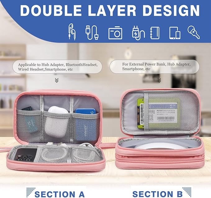 CAAORDKSO Electronics Accessories Organizer Pouch Bag, Electronic Organizer Travel Case Cable Organizer Electronics Accessories Bag for Cable, Cord, Charger, Power Bank, Earphone (Light Pink, Large)