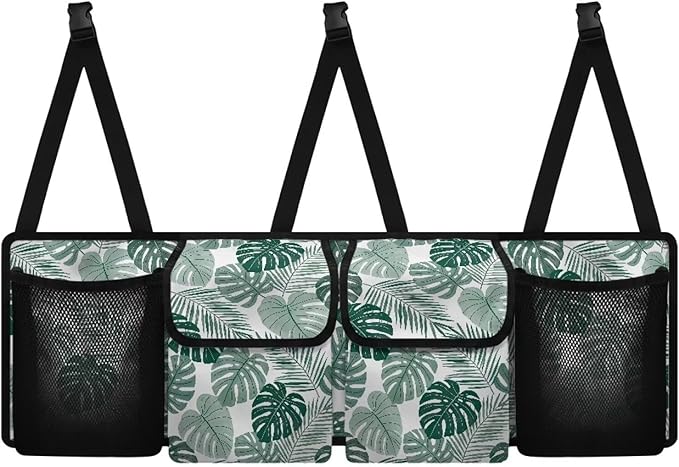 Tropical Leaves Car Backseat Organizer Adjustable & Waterproof Cars Interior Accessories Backseat Hanging Storage Bag with 4 Pockets Universal Fit for Most Cars,SUV,Sedan