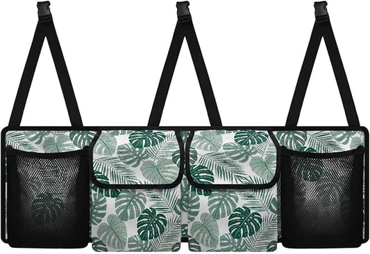 Tropical Leaves Car Backseat Organizer Adjustable & Waterproof Cars Interior Accessories Backseat Hanging Storage Bag with 4 Pockets Universal Fit for Most Cars,SUV,Sedan