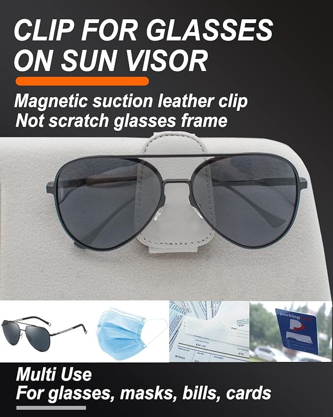 Sunglass Holder for Car, Magnetic Leather Eyeglass Hanger Sunglass Clip for Car Visor, Car Sunglass Holder Organizer Storage, Car Interior Accessories (1PCS, Gray)