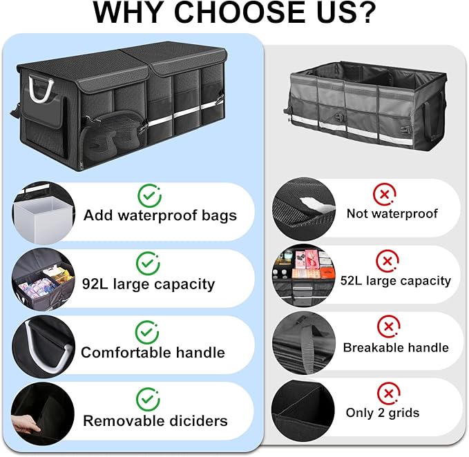 Car Trunk Organizer, 1680D Waterproof Oxford, Collapsible Waterproof Car Organizer Storage with Foldable Cover, Reflective Strip, 4 Mesh Pockets for SUV, Truck, Sedan, Camping, Road Trip (92L)