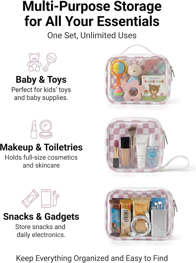 Pink Checkered Diaper Bag Organizer Pouch Set,TSA Approved Toiletry Bag,Clear Waterproof TPU Car Makeup Bag Set Travel Organizer Bags for Women and Kids Toiletry Bag Set for Baby and Mom Essentials
