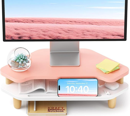 AFOOYO Monitor Stand Riser,2 Tier Corner Wood Sturdy 16.5In Computer Stand, Multi-Purpose Desktop Storage Stand for Laptop,PC,iMac,Printer,Computer,Pink