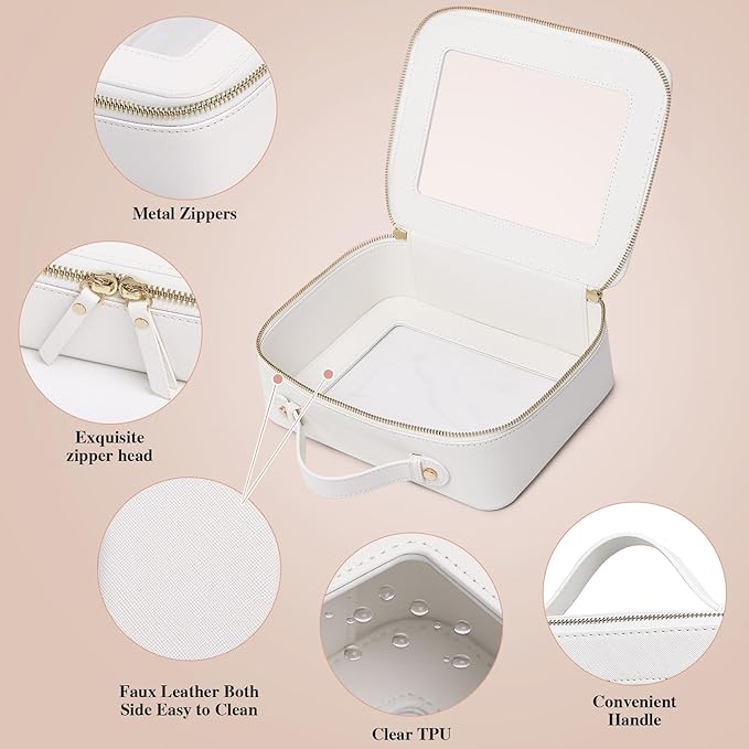 Pinkmik Clear Makeup Bag for Women Waterproof Travel Cosmetics and Toiletries Case Portable Makeup Oaganizer Bag Clear Car Bag with Zipper (White, L)