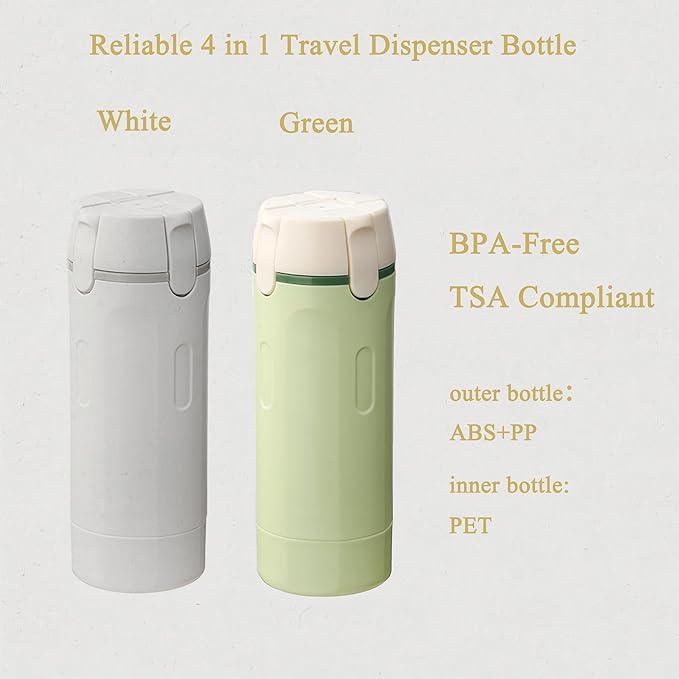 4 in 1 Travel Dispenser Bottle, Leak Proof Refillable Travel Toiletry Containers for Shampoo Lotion Liquid, TSA Approved Travel Bottles Set for Business Trip Camping, 4 x 30ml, White
