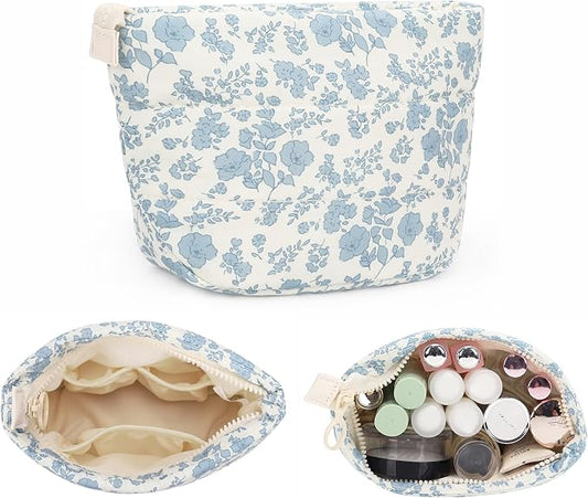 Small Makeup Bag, Portable Roomy Cosmetic Bag for Women, Floral Make Up Pouch, Mini Toiletry Bag Accessories Organizer for Trip, Office Stationery - Blue Flower